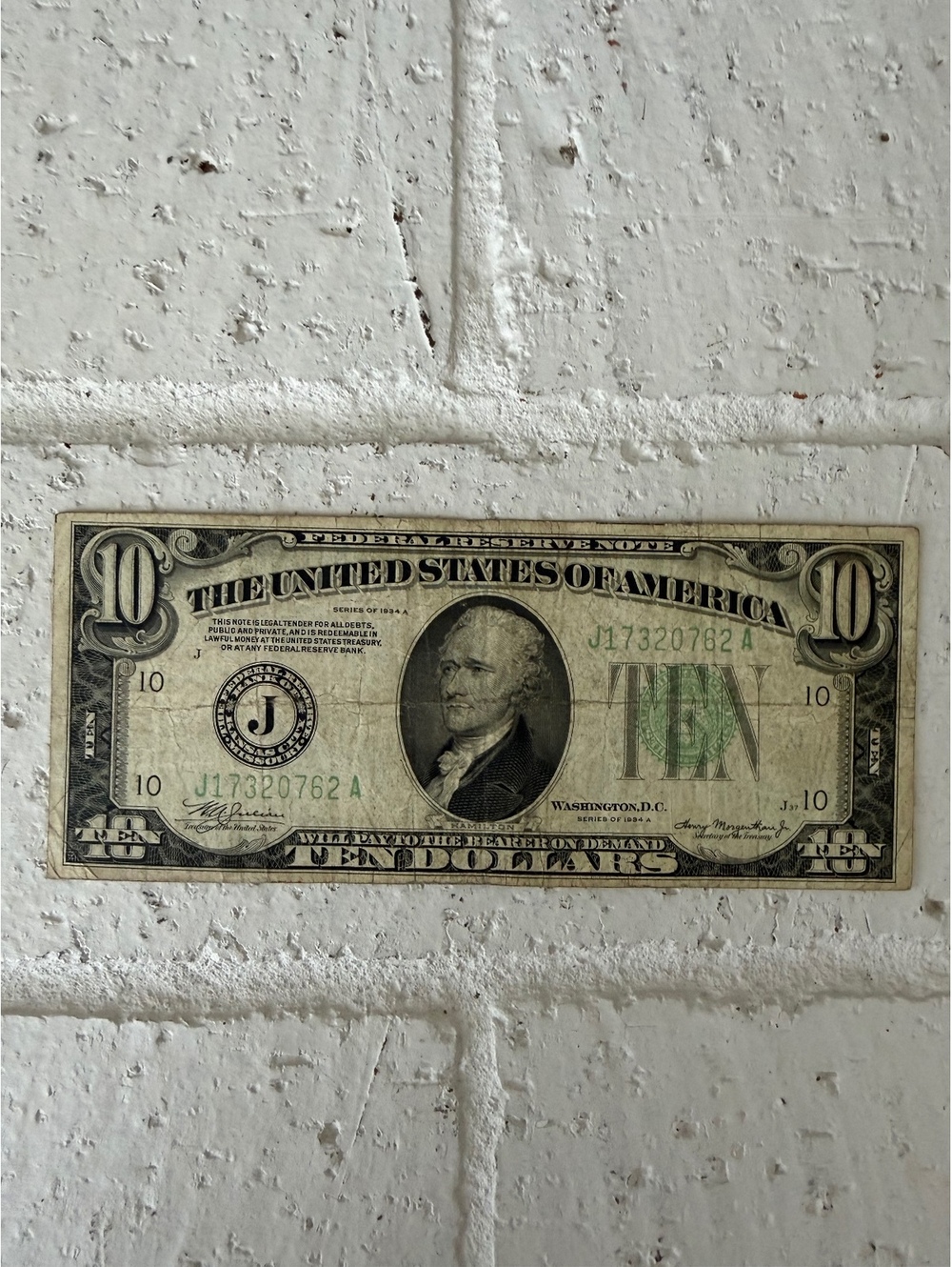 Vintage United States $10 Federal Reserve Note with Thomas Jefferson Portrait